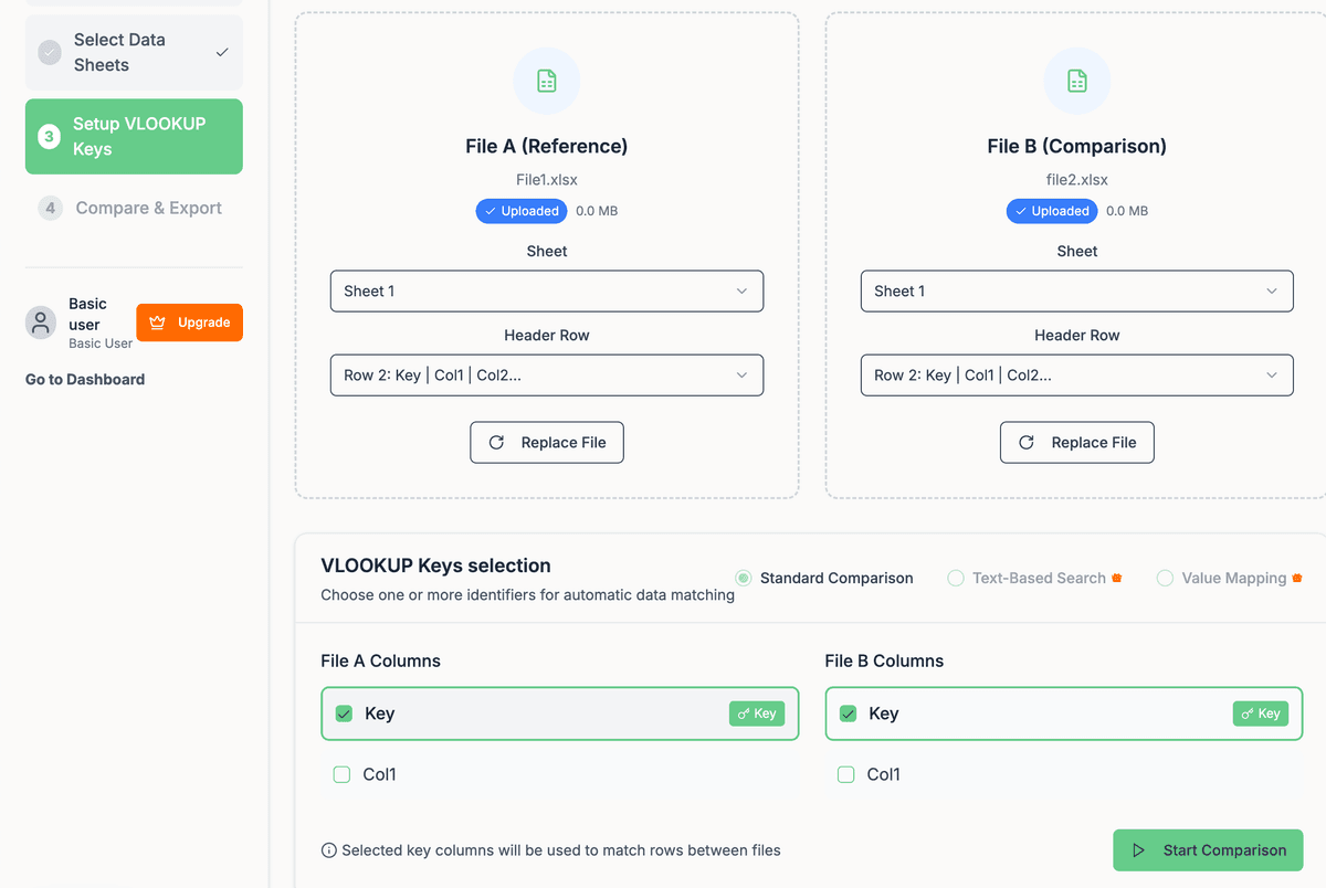 Compare two Excel files easily without excel skills and formulas